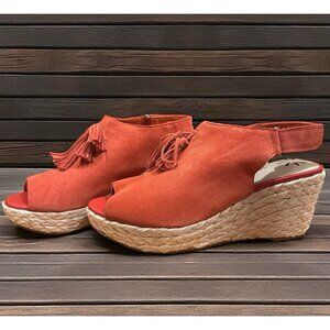 Red Suede Tassel Slingback Wedge Sandals Espadrille 8W Isaac Mizrahi Live